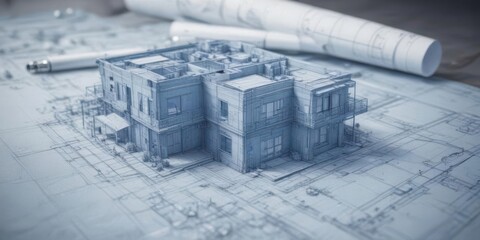 Photorealistic blueprint mockup  Architectural sketch, technology, faded blue print ,  retro,  schematic