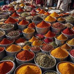 Fototapeta premium Vibrant assortment of colorful containers filled with aromatic sauces and spices at a market stall 