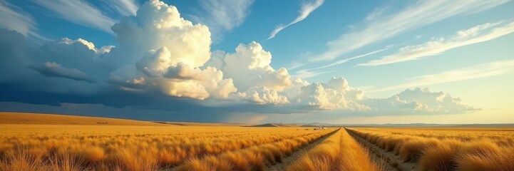 Immense, turbulent cloudscape above golden prairie grasses , wild, photography, image