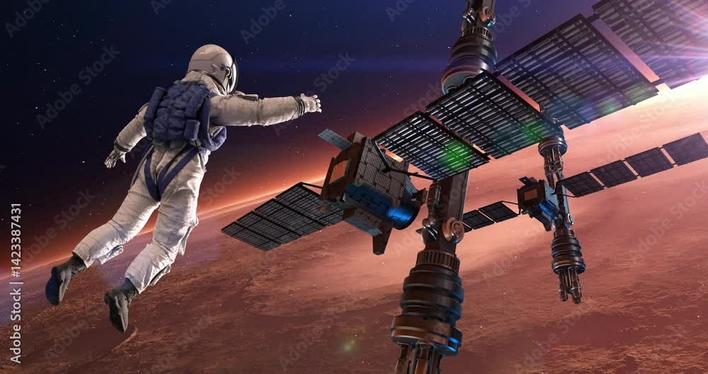 Wall mural astronaut during spacewalk. planet mars and space station is visible.