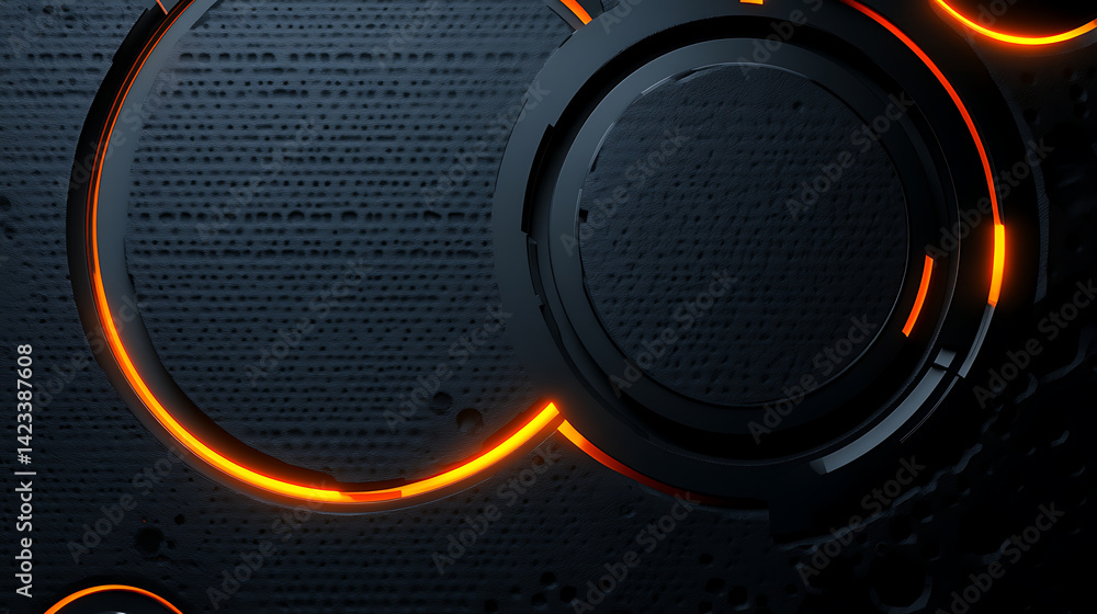 Poster abstract design featuring glowing orange circles on a textured dark background suitable for technolo