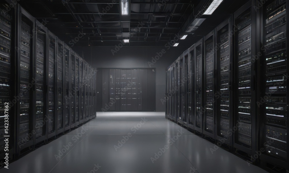 Poster rows of humming servers in a modern data center, data security, it infrastructure, web server
