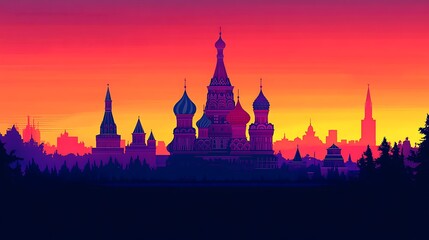 Fototapeta premium Flat minimalist silhouette of Saint Basil’s Cathedral at sunset, deep orange to pink gradient sky, domes and spires in sharp dark contrast, Red Square simplified, clean vector shapes, hd quality,