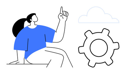 Woman seated, pointing upward toward a cloud beside a gear icon. Ideal for technology, innovation, cloud computing, problem-solving, teamwork, strategy and efficiency. Flat simple metaphor