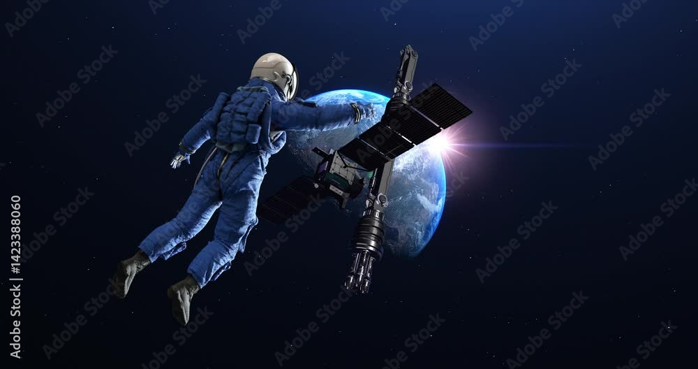 Wall mural cinematic space flyby past astronaut toward planet earth and space station. space and technology rel