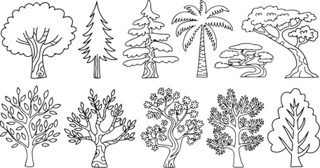 Fototapeta premium Silhouette Vector of Tree Line Drawings for Outdoor, Garden, and Environmental Designs with Various Tree 
