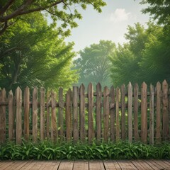 Obraz premium Rustic park fence poster mockup, green background, rural, sunlight