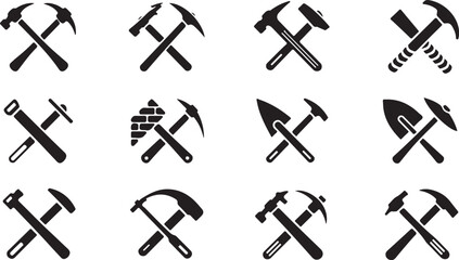 Silhouette Vector of Industrial Tools with Crossed Hammers for Construction, Workshop, and DIY Design Projects and Illustrations