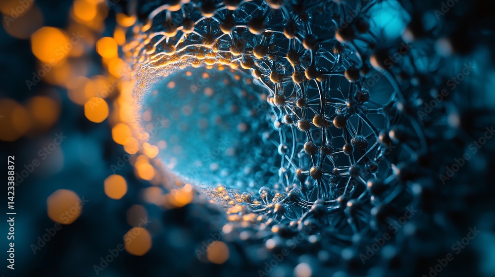 Poster abstract network structure digital art blue orange glow technology 3d web mesh dark data nodes lines