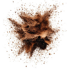 Brown powder explosion cocoa coffee chocolate dust particles burst isolated on black background stock photo on transparent background