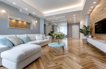 A modern, open-concept living room with large windows, concrete floors, and white walls with a wood ceiling.