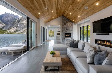 A modern, bright, and airy living room with large windows overlooking the mountains
