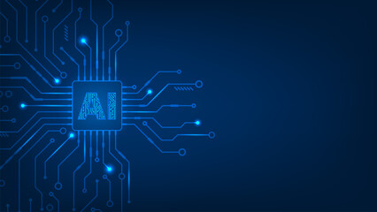 Futuristic microchip CPU circuit board blue light with concept artificial intelligence. Technology abstract background.