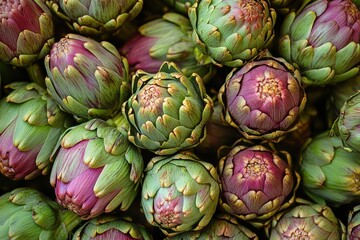 Fototapeta premium Market stall filled with vibrant artichokes creating a beautiful, colorful pattern in the morning light