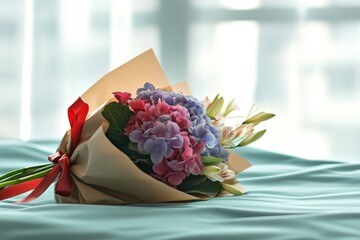 Delicate bouquet of hydrangeas and lilies on a bed.