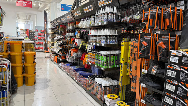 Hardware store aisle with tools and supplies, home improvement, DIY projects, bustling retail shopping environment April 5 2025, Subotica, Serbia