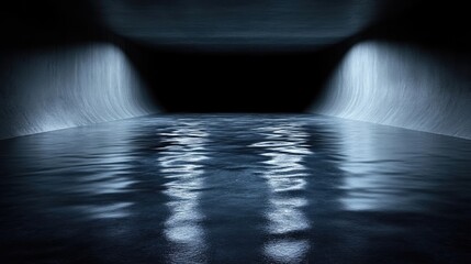 Dark tunnel with reflective water floor