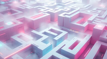 Abstract futuristic maze with neon lighting and fog