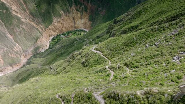 Drone shot captured midway along the path from Cabanaconde to Sangalle, showcasing the dramatic descent with the Colca Canyon's vast landscape and the Oasis of Sangalle in the distance.
