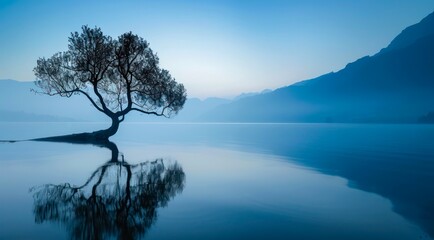 Fototapeta premium Serene lone tree in calm lake with mountain landscape at dawn.
