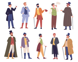 Victorian gentlemen. English aristocrat fashion gentleman characters, 19th century british man in hat cane and vintage costume 1900 old outfit dandy set, classy vector illustration