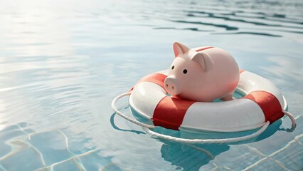 A piggy bank floating on a lifebuoy in a pool setting.
