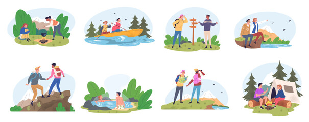 Couple hiking. Friends climb on mountains, family adventure trail walking hiker with backpack camp tourism trekking camping holiday trip nature travel classy vector illustration