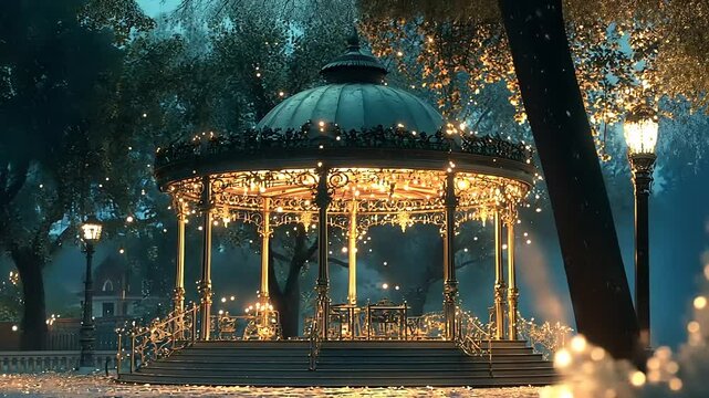 Enchanted gazebo adorned with lights in a serene park during twilight, inviting tranquility