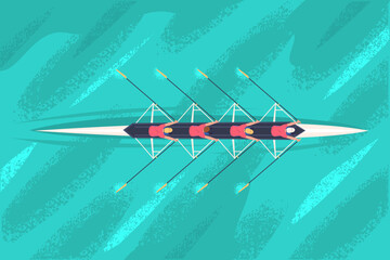 Rowing team top view. Rowers teamwork olympic sport competition, kayak canoe boat above water surface river lake race athletes crew row paddles together, classy vector illustration © ssstocker