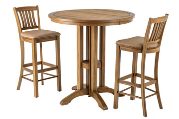 Wooden Bar stools with high table. Round wooden table and two chairs bar isolated. Bar Table and Round Bar Table. Pub Dining Table