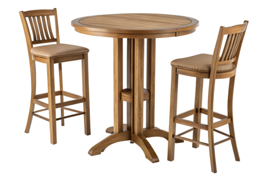 Wooden Bar stools with high table. Round wooden table and two chairs bar isolated. Bar Table and Round Bar Table. Pub Dining Table