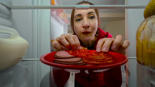 Woman eating sausage directly from fridge, view from inside of fridge. Female adult feeling sneaky and satisfied. Lady enjoying quick bite while standing in front of open refrigerator