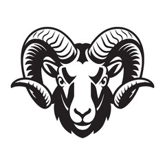 Black and white stylized illustration of a ram's head Logo or silhouette