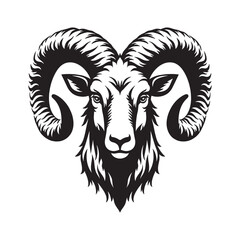 Black and white stylized illustration of a ram's head Logo or silhouette