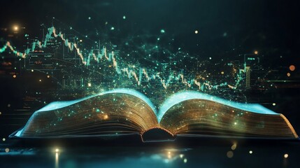 Obraz premium Financial knowledge revelation: Open book displaying a stock market chart