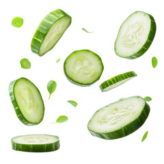 Fresh cucumber slices floating on black background healthy food diet salad ingredient photography...