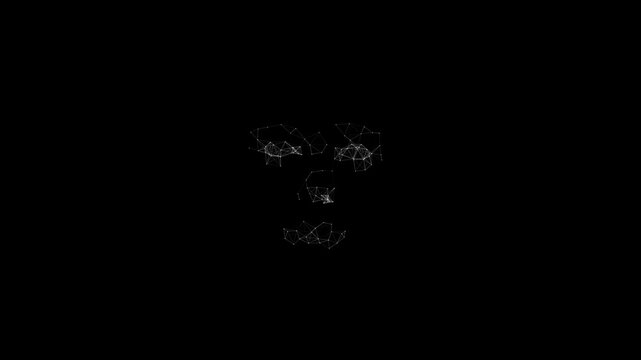 Abstract human face blinks, formed by white plexus network lines. Facial recognition, biometric ID, AI, tech security concept. Looping animation on black background