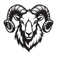 Black and white stylized illustration of a ram's head Logo or silhouette