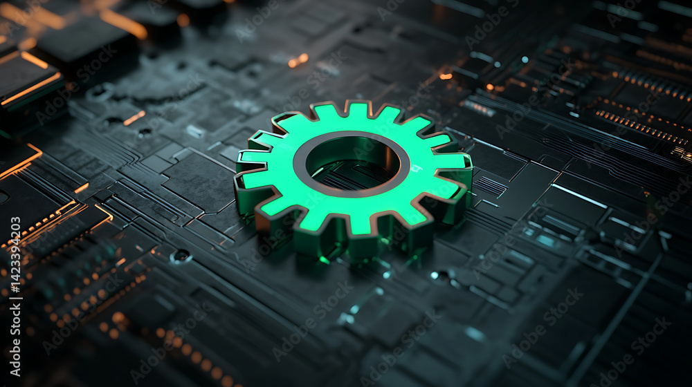 Poster engine gear set against a digital circuit board with glowing elements in a futuristic design