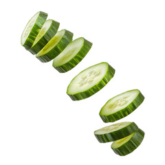 Fresh cucumber slices floating on black background for healthy eating and salad ingredient ideas on transparent background