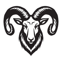 Black and white stylized illustration of a ram's head Logo or silhouette