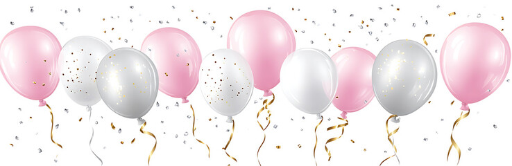 Realistic white background with light pink and silver balloons, confetti, and golden elements. 
