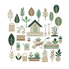 Creator of the scene. Ecology, garden, Vector objects in beige and green colour scheme
