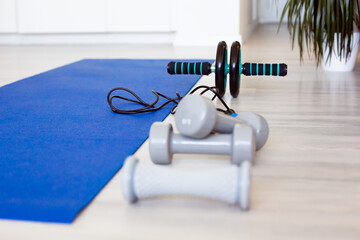 Home Gym Equipment on Mat, Fitness at Home