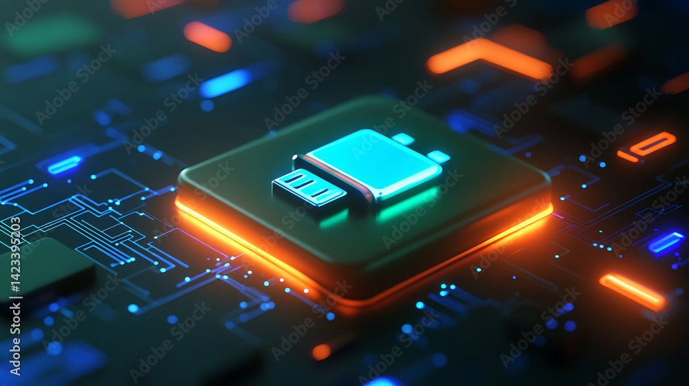 Poster exploration of futuristic technology with glowing usb connector on digital circuit board