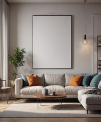 Stylish living room interior, poster hanging from clips,  design,  template,  interior design