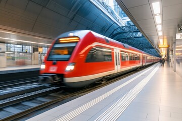 Naklejka premium A red train is traveling down the tracks in a tunnel