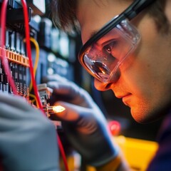 A man in a lab coat is wearing safety goggles and working on a circuit board