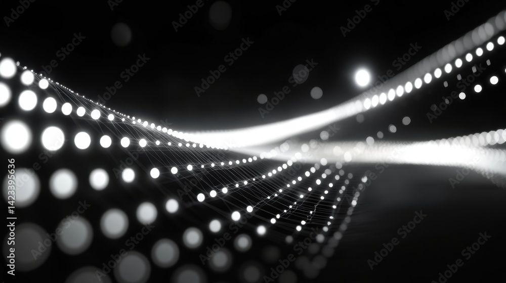 Poster striking black and white abstract light representation with intricate wireframe design showcasing 3d