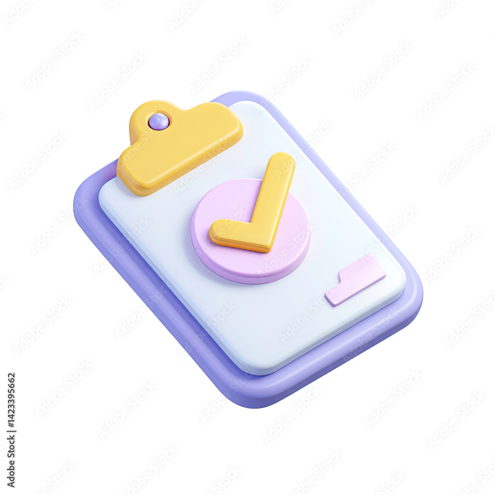 Poster 3d render of pastel clipboard with check mark icon for task management and productivity